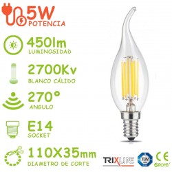 BOMBILLA LED VELA Filamento E14 5W C35 Blanco Calido Trixline