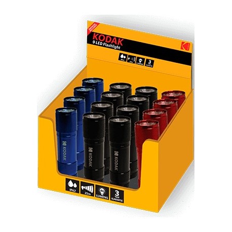 EXPOSITOR LINTERNA KODAK 9-LED FLASHLIGHT IP62 C/PILAS (16 UNIDADES)