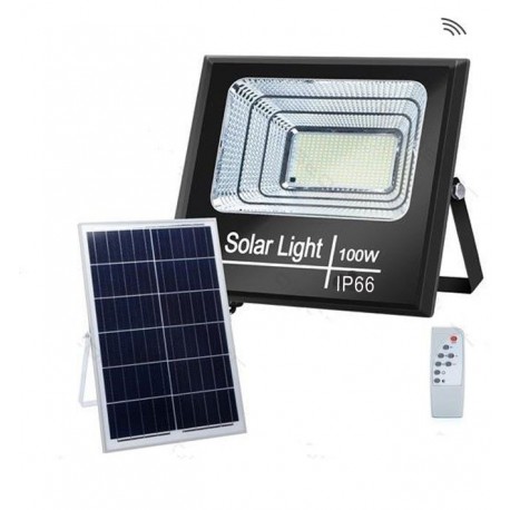 FOCO PROYECTOR LED SOLAR CON SENSOR DE MOVIMIENTO-CREPUSCULAR 100W IP66 PANEL POLICRISTALINO BLANCO FRIO