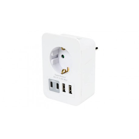 ADAPTADOR ENCHUFE SCHUKO BLANCO +2 X USB A+ 2 X USB TYPEC BENSON