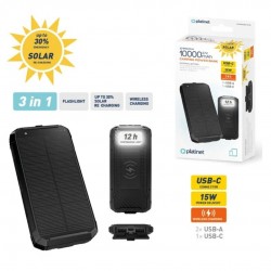 POWER BANK SOLAR PANEL CAMPING 10.000mAh POLYMERO 15W 2 USB - 1 USB TYPE-C NEGRO PLATINET