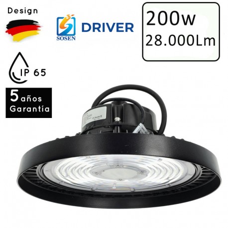 CAMPANA LED UFO 200W 140Lm/W DRIVER SOSEN 6.500K No Flicker IP65 Ø326x105x142mm