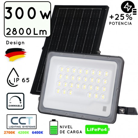 FOCO PROYECTOR LED SOLAR 300W C/SENSOR-CREPUSCULAR C/MANDO IP65 REGULABLE CCT (CALIDO-NEUTRO-FRIO)