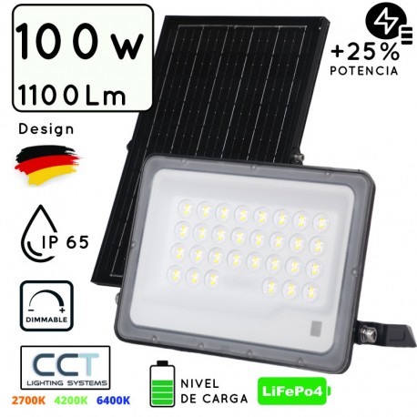 FOCO PROYECTOR LED SOLAR 100W C/SENSOR-CREPUSCULAR C/MANDO IP65 REGULABLE CCT (CALIDO-NEUTRO-FRIO)