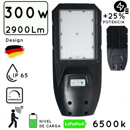 LUMINARIA FAROLA LED SOLAR 300W C/SENSOR C/MANDO REGULABLE IP65 B. FRIO Φ400/600mm