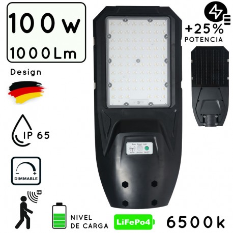 LUMINARIA FAROLA LED SOLAR 100W C/SENSOR C/MANDO REGULABLE IP65 B. FRIO Φ400/640mm