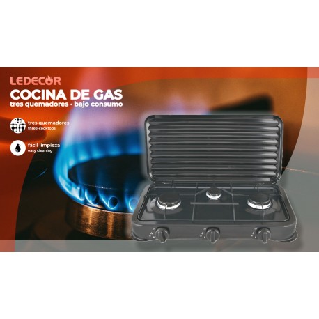 COCINA PORTATIL DE GAS BUTANO Y PROPANO 3 FUEGOS LEDECOR