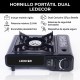 HORNILLO CAMPING GAS DUAL PORTATIL C/FUNDA CON SISTEMA DE SEGURIDAD Y AUTO-ENCENDIDO (USA BOMBONA 227GRS. no incluida) LEDECOR
