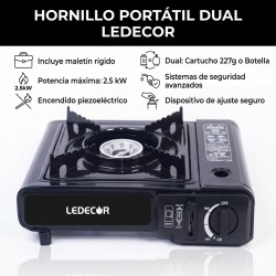 HORNILLO CAMPING GAS DUAL PORTATIL C/FUNDA CON SISTEMA DE SEGURIDAD Y AUTO-ENCENDIDO (USA BOMBONA 227GRS. no incluida) LEDECOR
