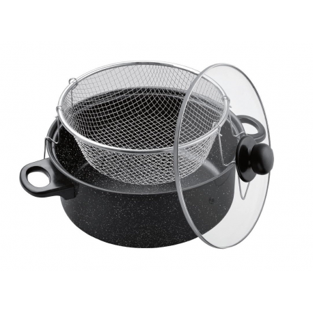 OLLA FREIDORA Ø26CM REVESTIMIENTO ANTIADHERENTE MARMOL + TAPA CRISTAL + CESTA