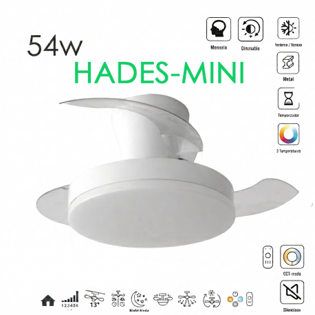 VENTILADOR DE TECHO Ø91CM BLANCO HADES-MINI DC 3 ASPAS RETRACTIL LED REGULABLE CCT (CALIDO-NEUTRO-FRIO) 54W CON MEMORIA LEDECOR