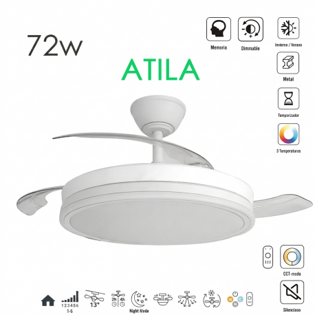 VENTILADOR DE TECHO Ø107CM BLANCO ATILA DC 3 ASPAS RETRACTIL LED REGULABLE CCT (CALIDO-NEUTRO-FRIO) 72W CON MEMORIA LEDECOR